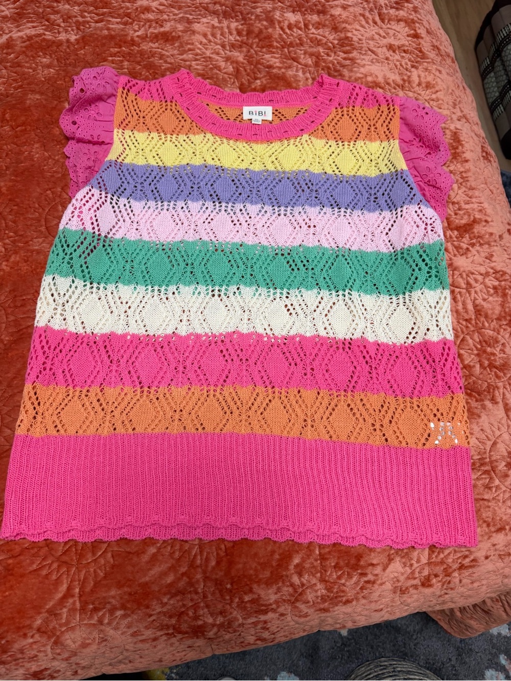 BiBi Multicolor Striped Eyelet Knit Ruffled Sleeve sweater top